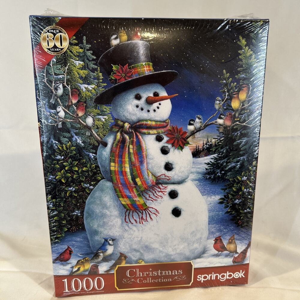 SPRINGBOK FEATHERED FRIENDS 1000 PC PUZZLE SNOWMAN IN HAT SCARF BIRDS TREE NEW